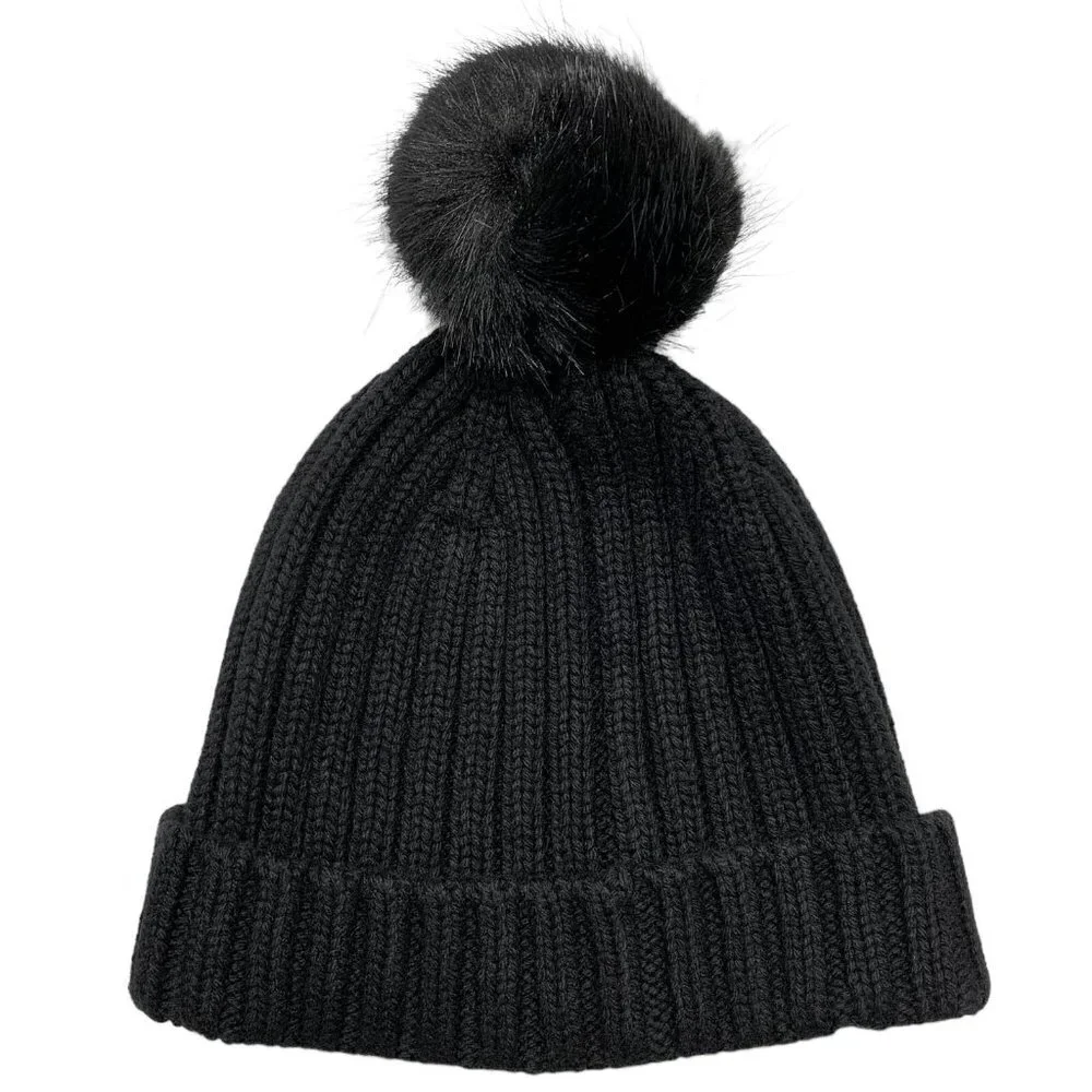 J. Crew Black Ribbed Knit Pom Pom Beanie Hat